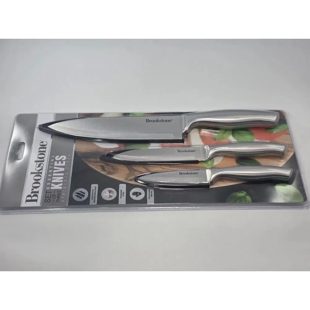 Brookstone 3 Piece Essential Knife Set Stainless Steel W/ Sheaths Ergonomic New